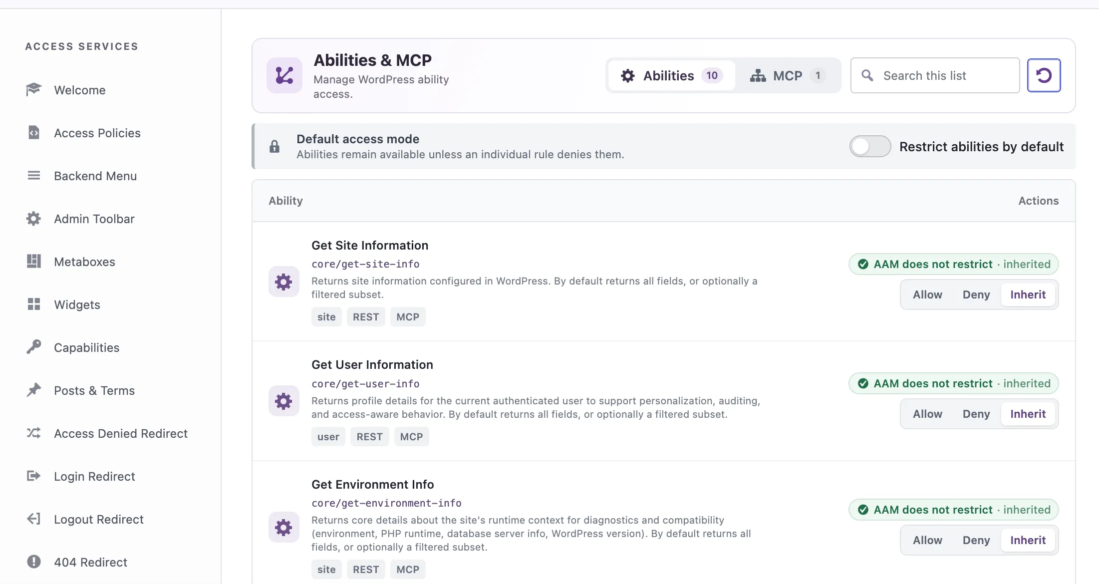 AAM Abilities tab listing registered abilities and their access choices
