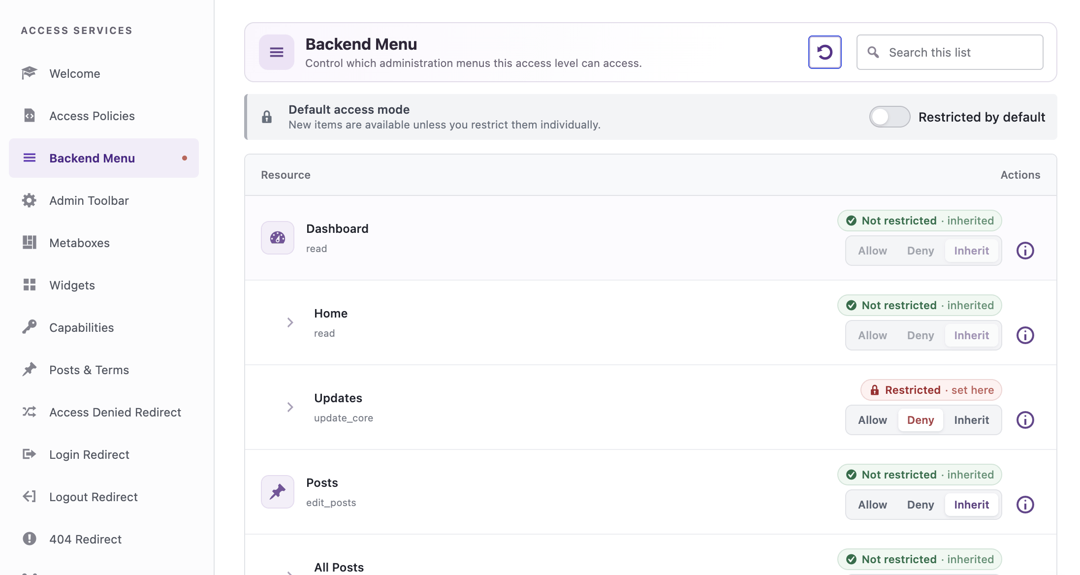 AAM Backend Menu service for the Editor role showing WordPress admin menu restrictions
