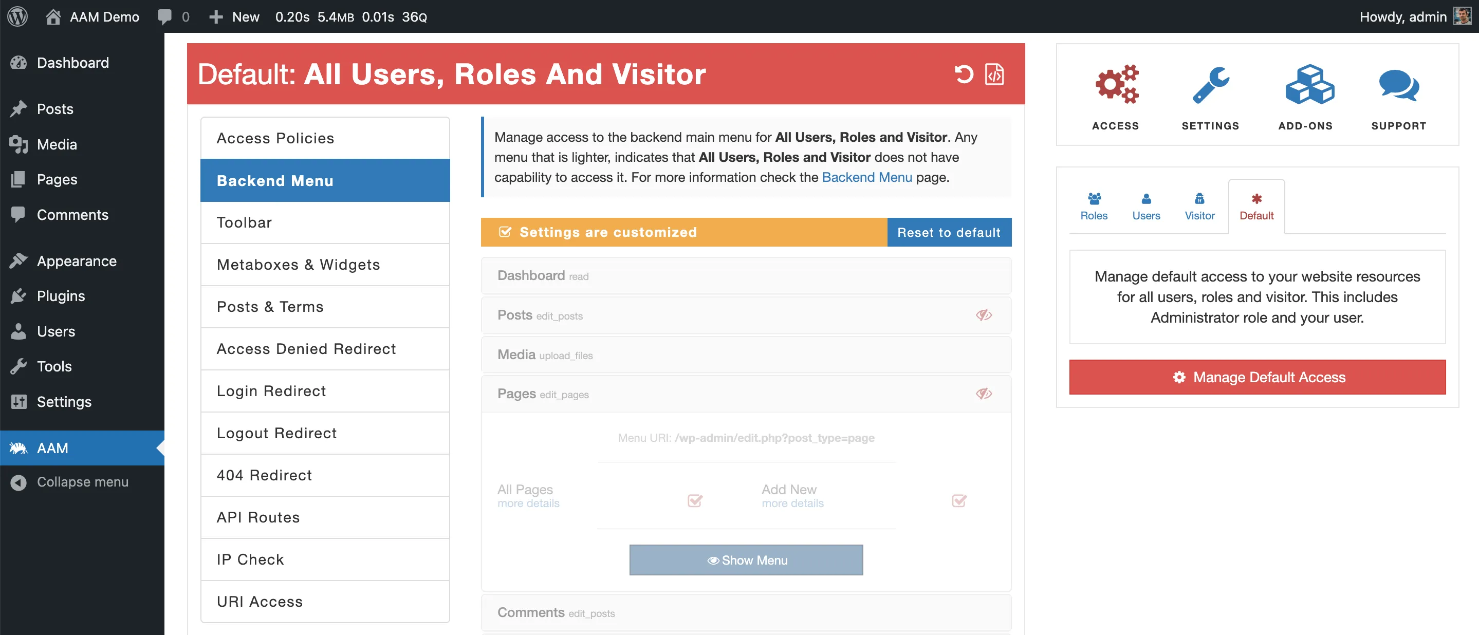 AAM Demo Restrict Backend Menu