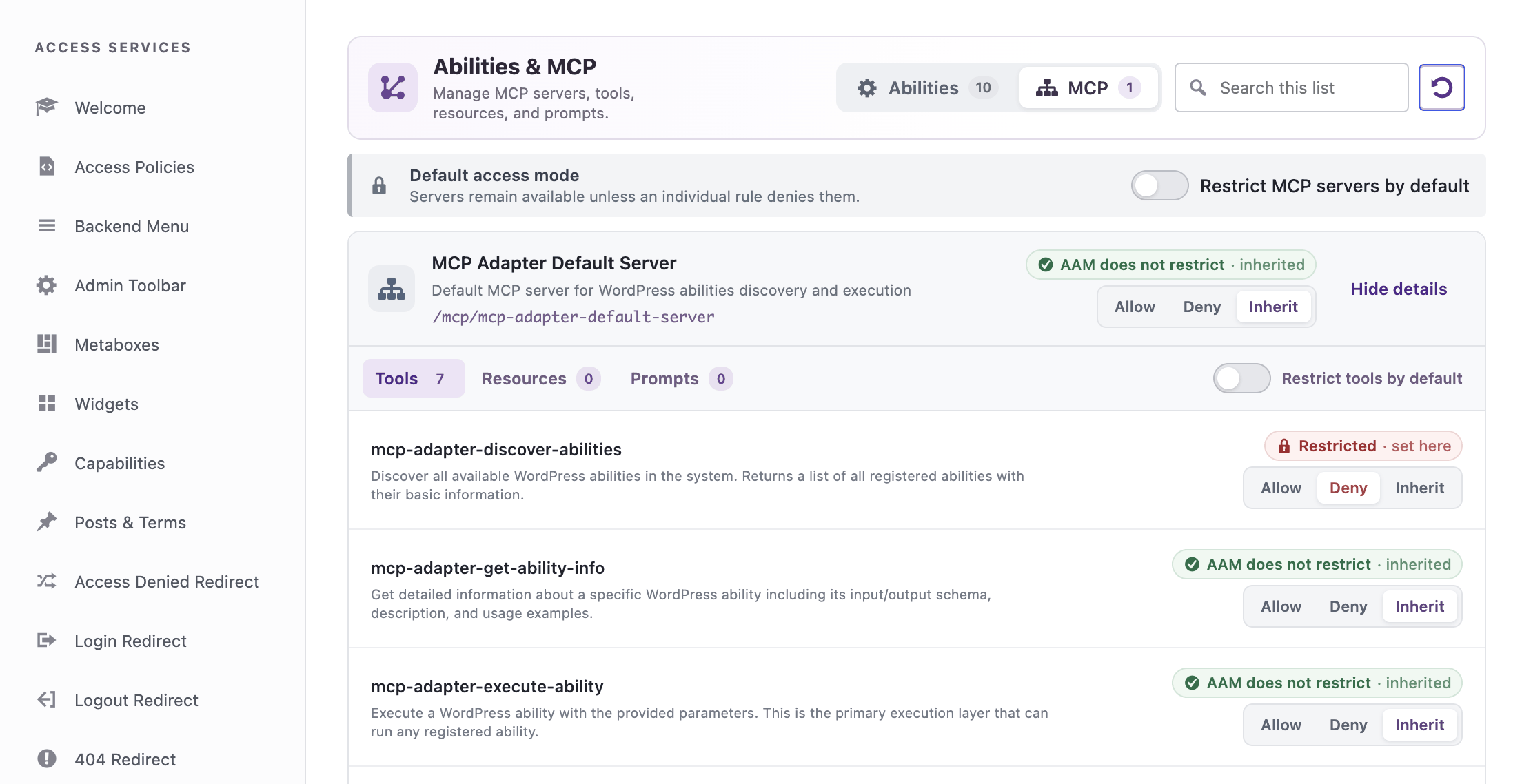 AAM MCP service showing a server and separate controls for tools, resources, and prompts