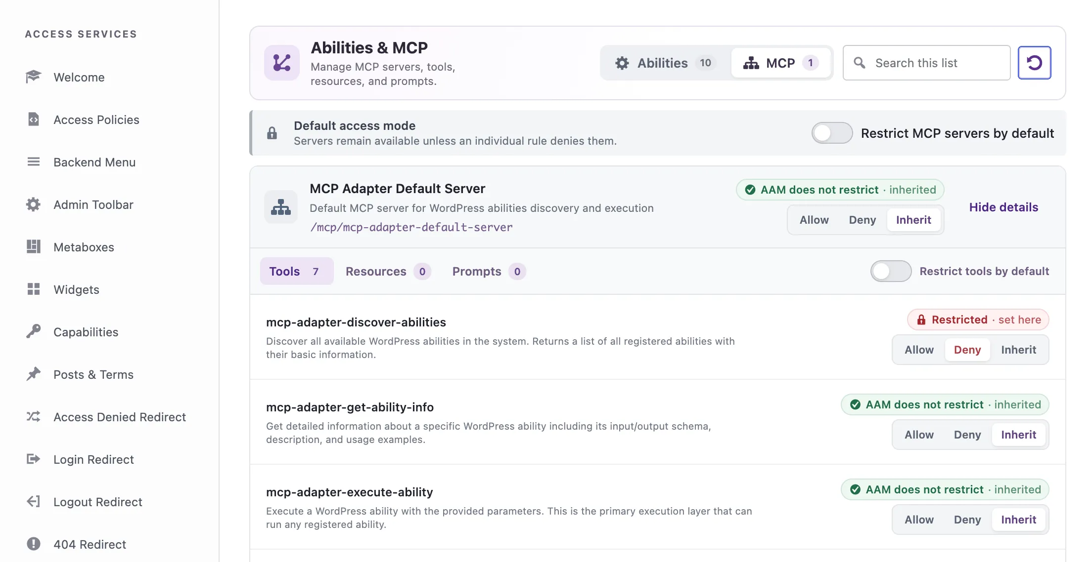 AAM MCP tab showing a server and access controls for its tools, resources, and prompts