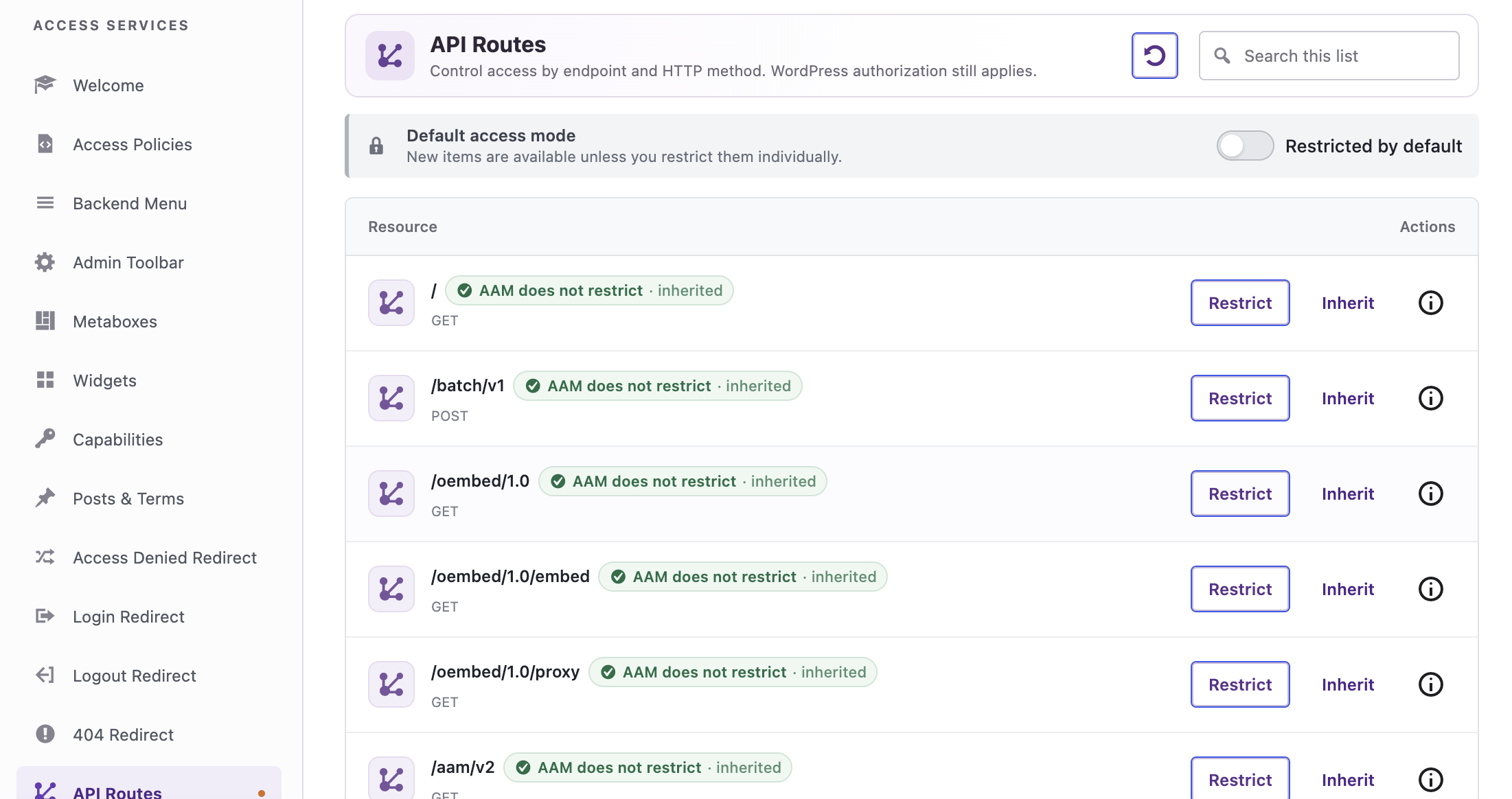 AAM API Routes service showing restricted mode for REST API endpoints