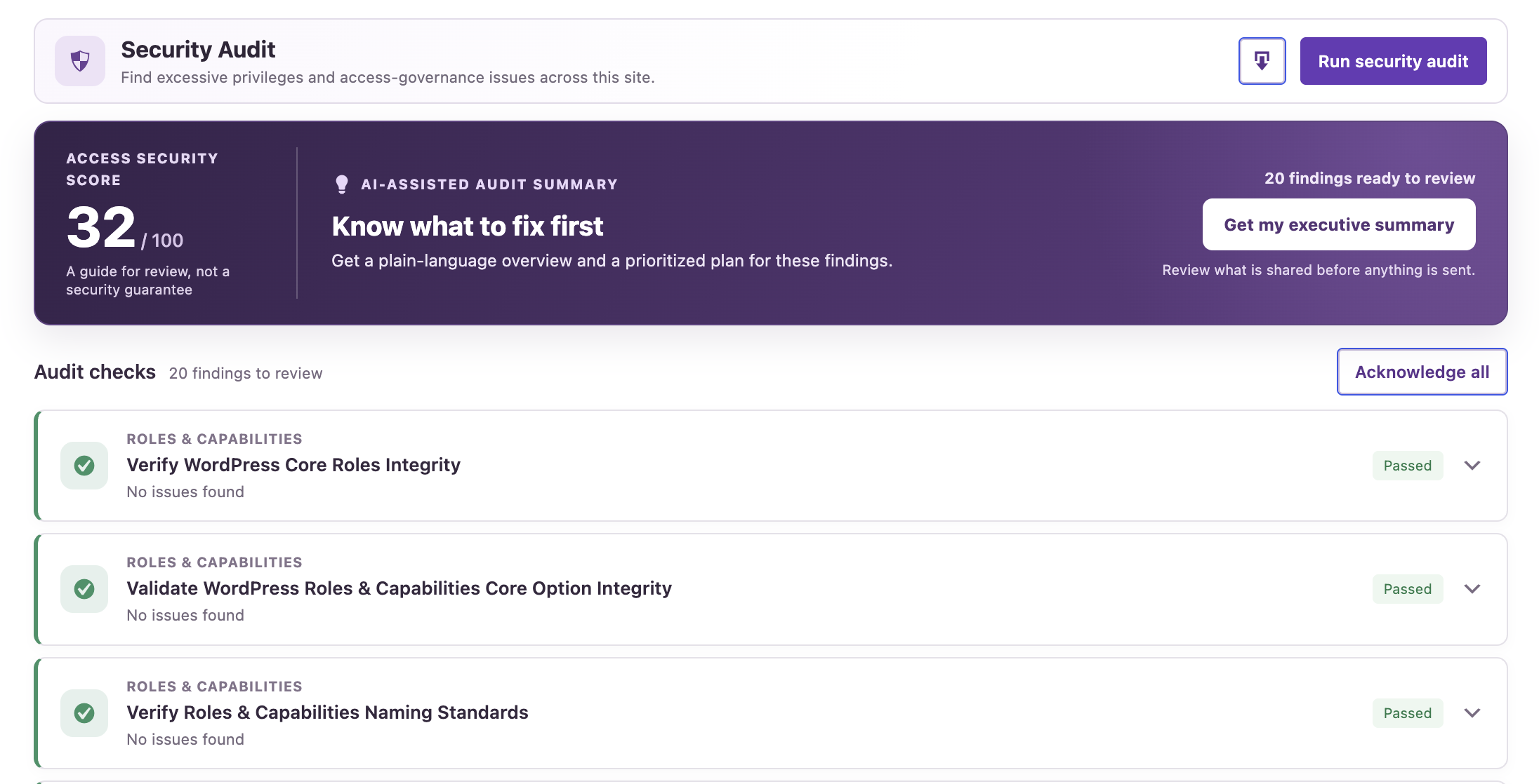 AAM Security Audit reviewing WordPress roles, capabilities, and elevated access