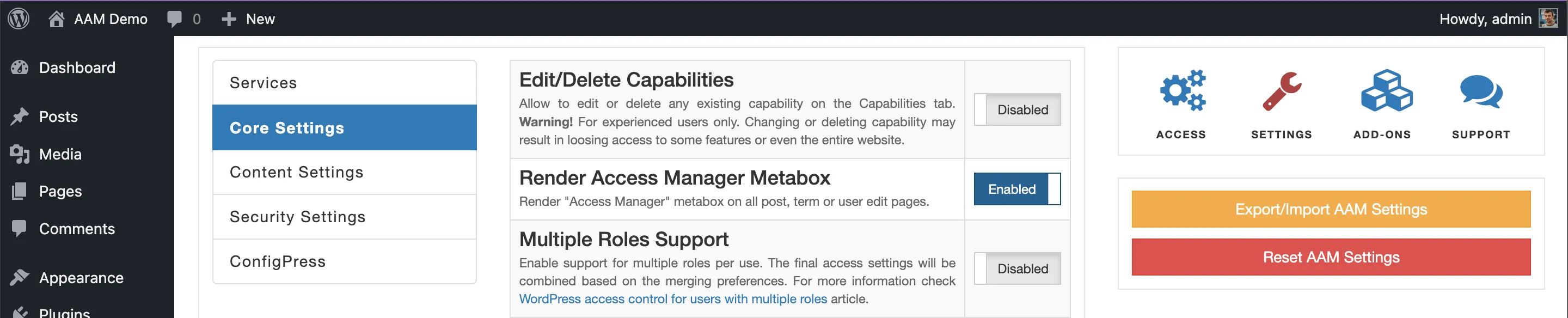 AAM Setting Render Access Manager Metabox