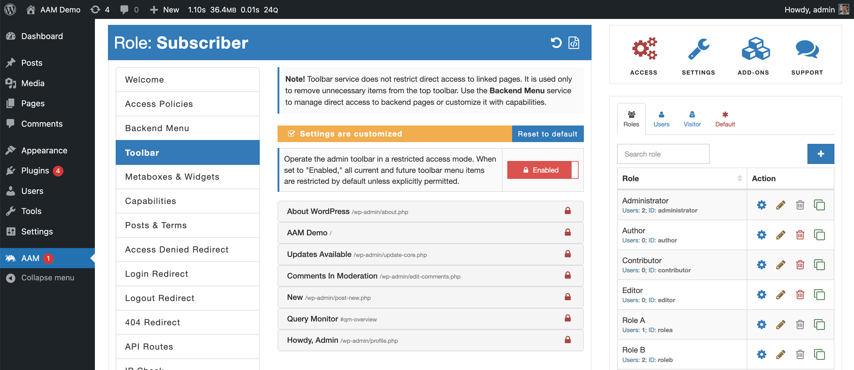 AAM Admin Toolbar Restricted Mode