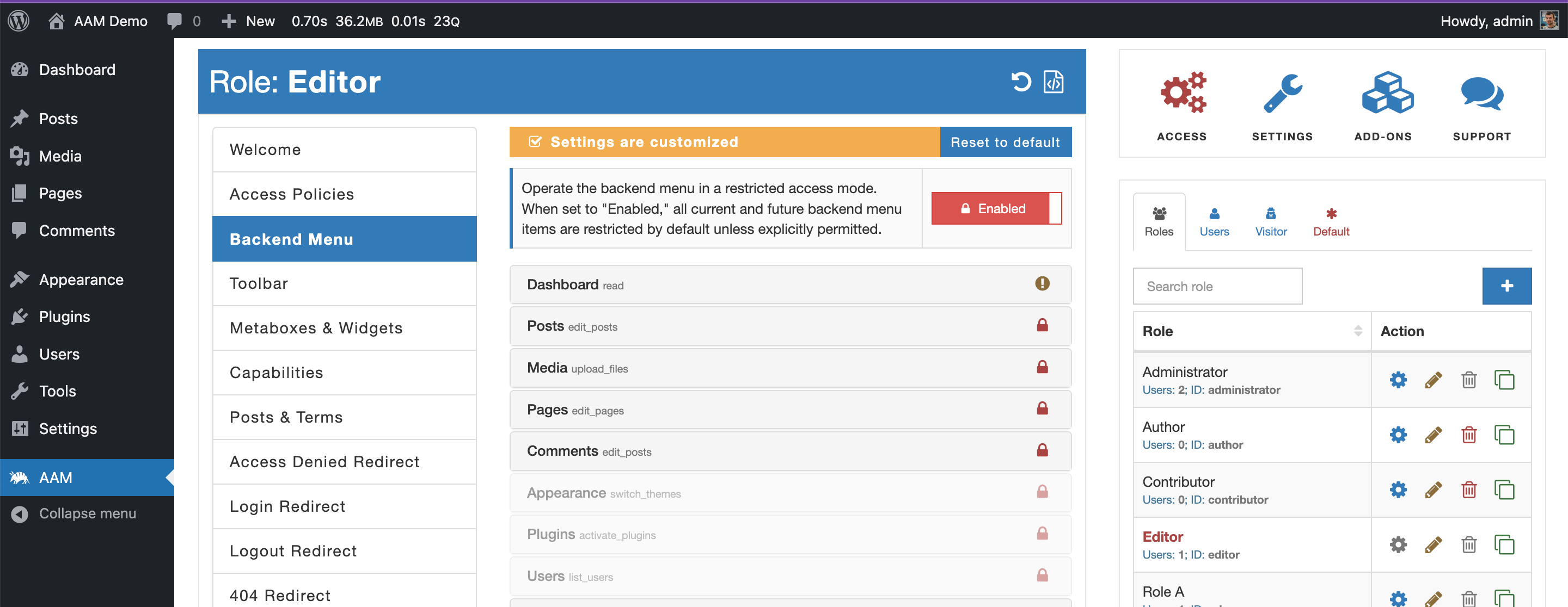 AAM Backend Menu Restricted Mode