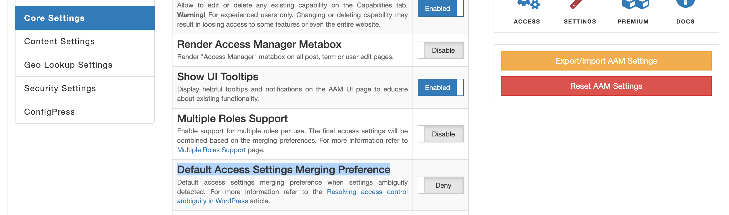 Default Access Settings Merging Preference