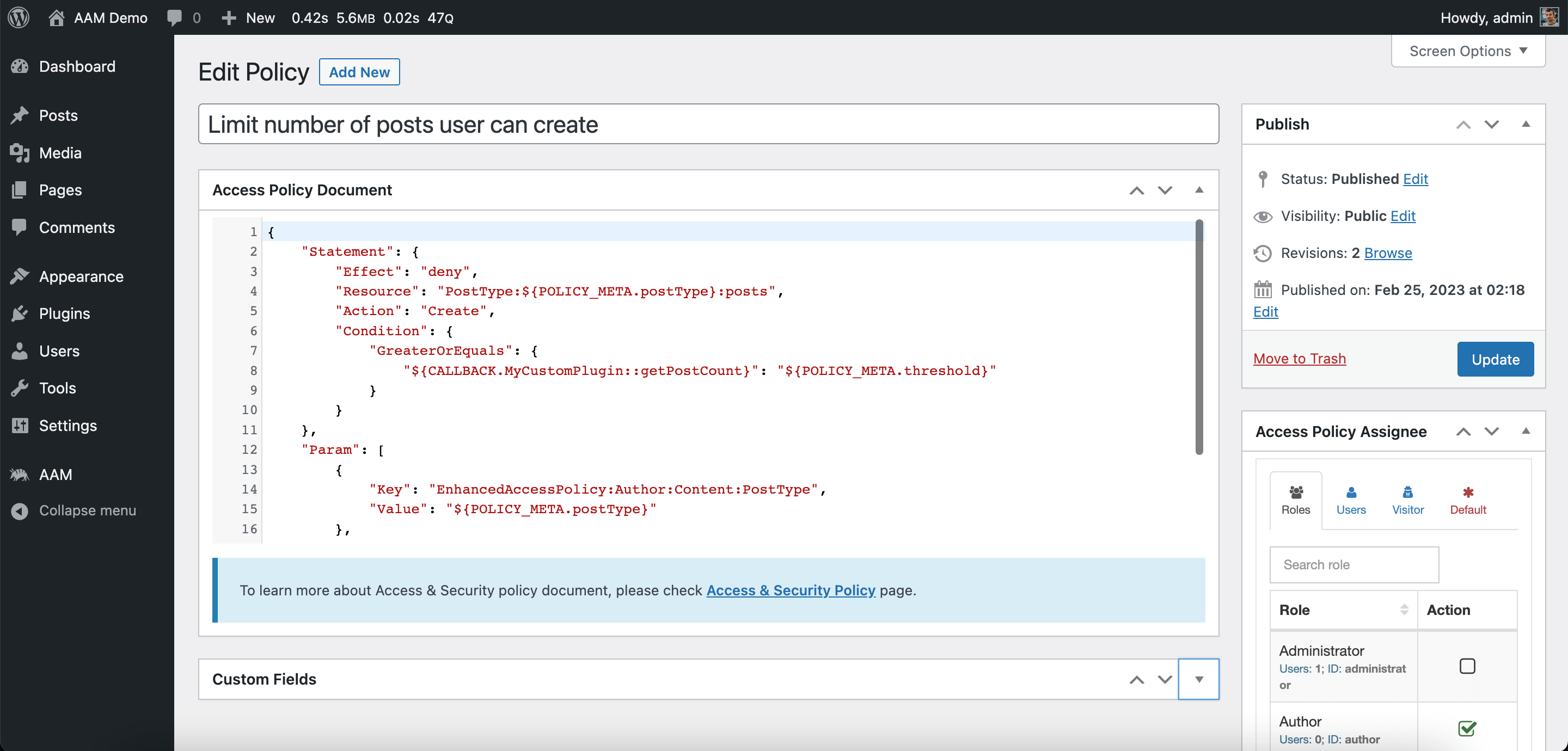 AAM Edit Policy Screen