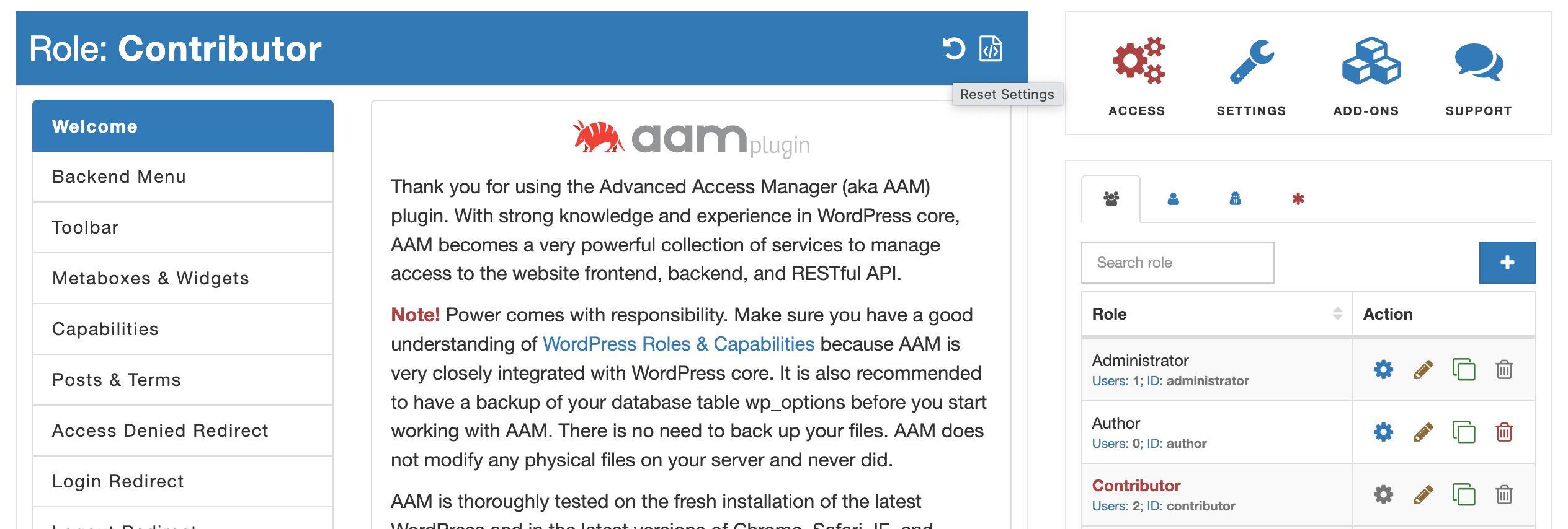 AAM Reset Role Settings