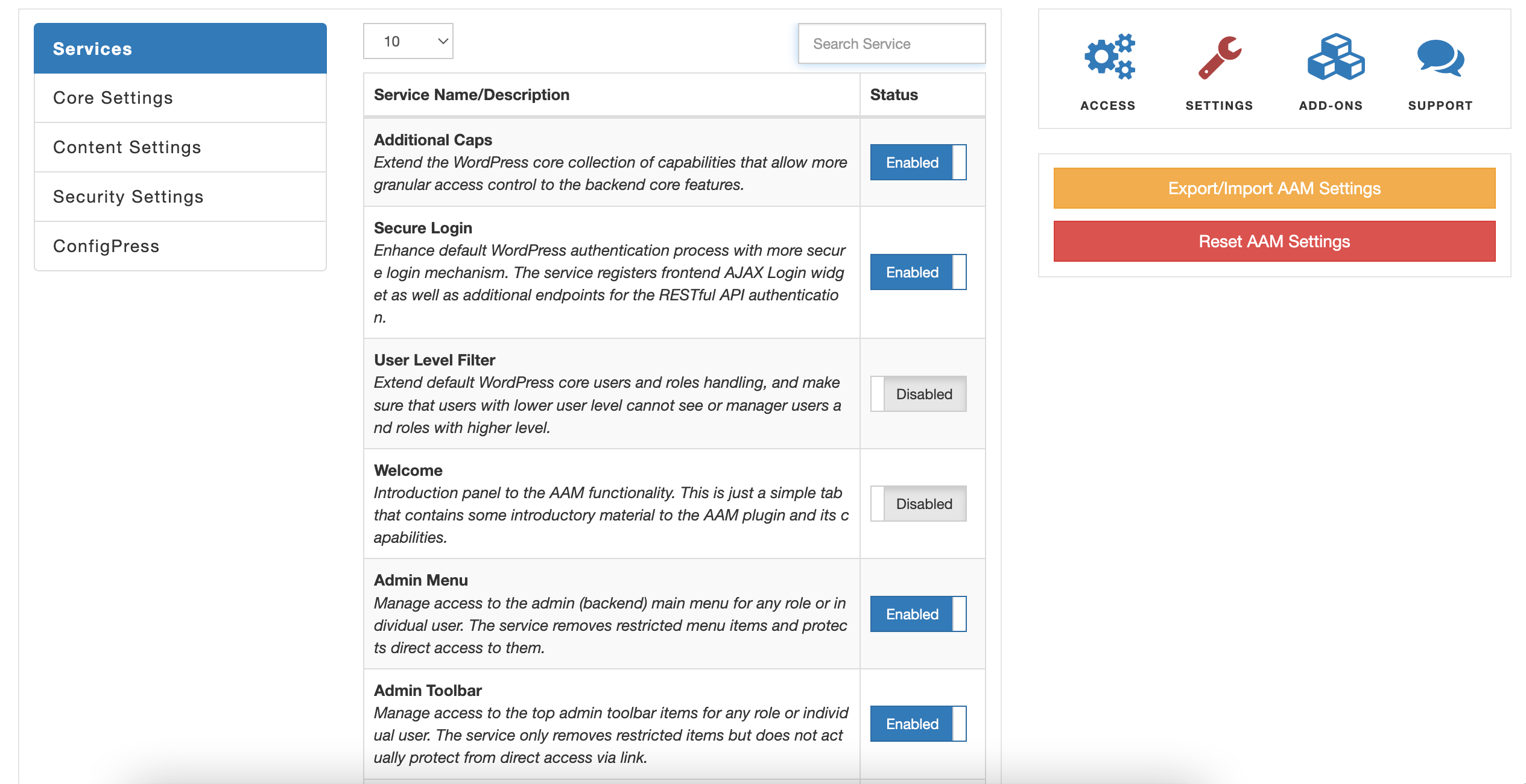 AAM Service List Settings