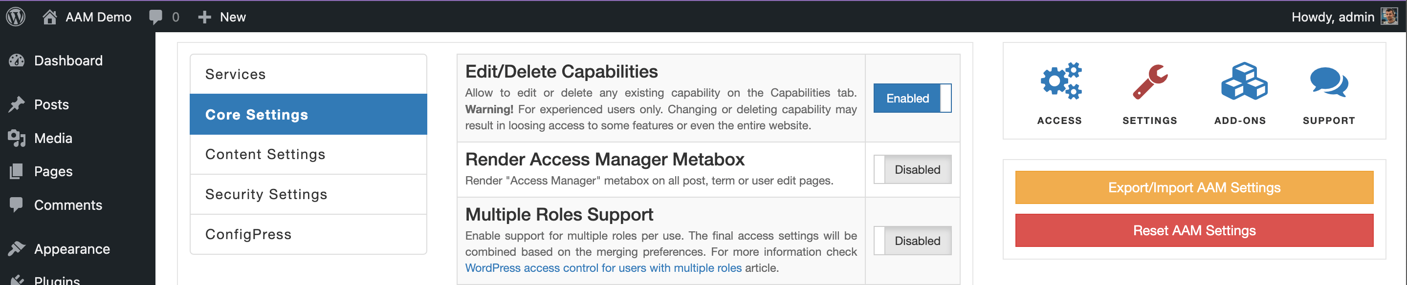 AAM Setting Manage Capability