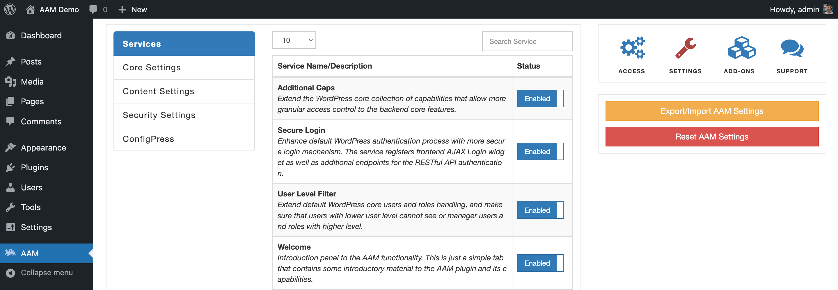 AAM Settings Page