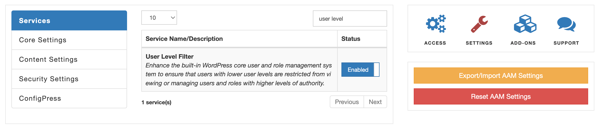 AAM User Level Filter Settings